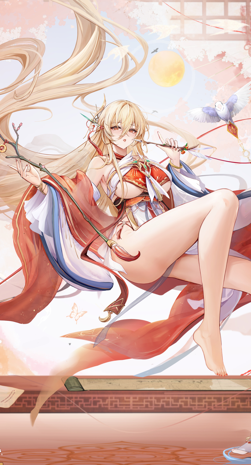 1girl absurdly_long_hair absurdres ass azur_lane banchiyuebai bare_shoulders barefoot blonde_hair blue_ribbon breasts clothing_cutout commentary_request floating floating_clothes floating_hair foot_out_of_frame highres holding implacable_(azur_lane) long_hair revealing_clothes ribbon see-through_ribbon solo underboob underboob_cutout very_long_hair wide_sleeves