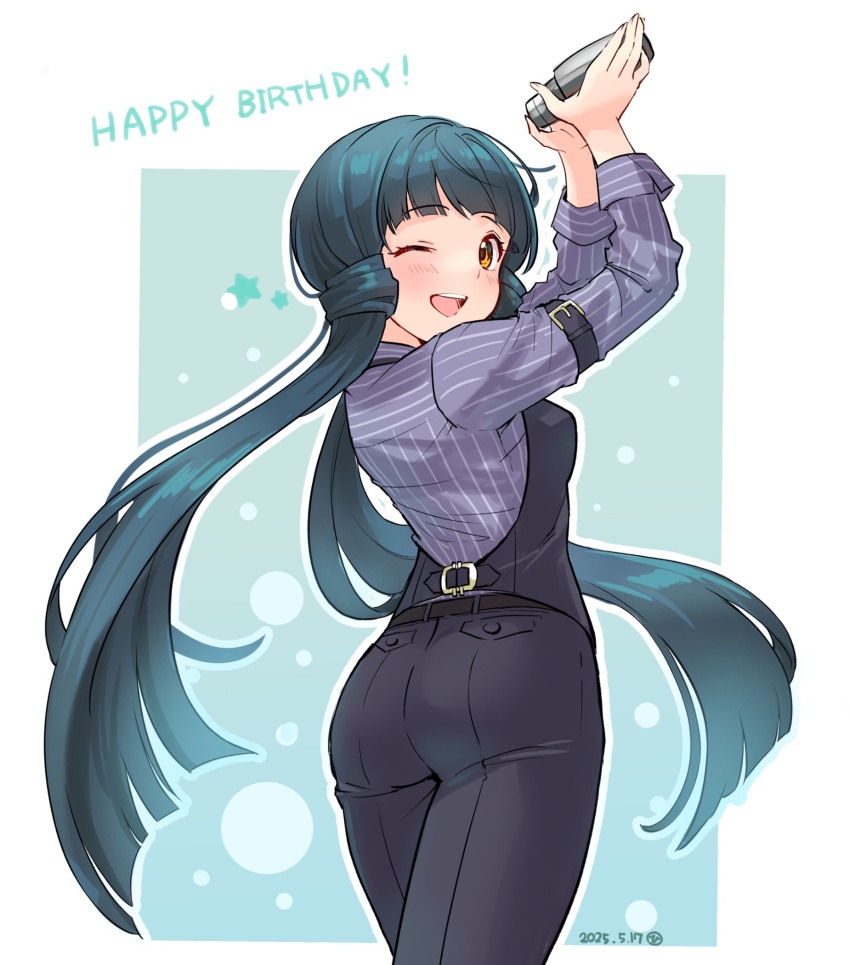 1girl :d arm_belt arms_up bartender belt black_belt black_pants black_vest blue_hair blunt_bangs blunt_ends blush border breasts cocktail_shaker concept_shaker_(idolmaster) cowboy_shot damokan66 dated from_behind green_background happy_birthday highres holding_cocktail_shaker idolmaster idolmaster_million_live! idolmaster_million_live!_theater_days kitakami_reika long_hair long_sleeves looking_back medium_breasts official_alternate_costume one_eye_closed open_mouth outline outside_border pants pocket shirt sleeves_rolled_up smile solo standing star_(symbol) striped_clothes striped_shirt teeth twintails upper_teeth_only very_long_hair vest white_border white_outline yellow_eyes
