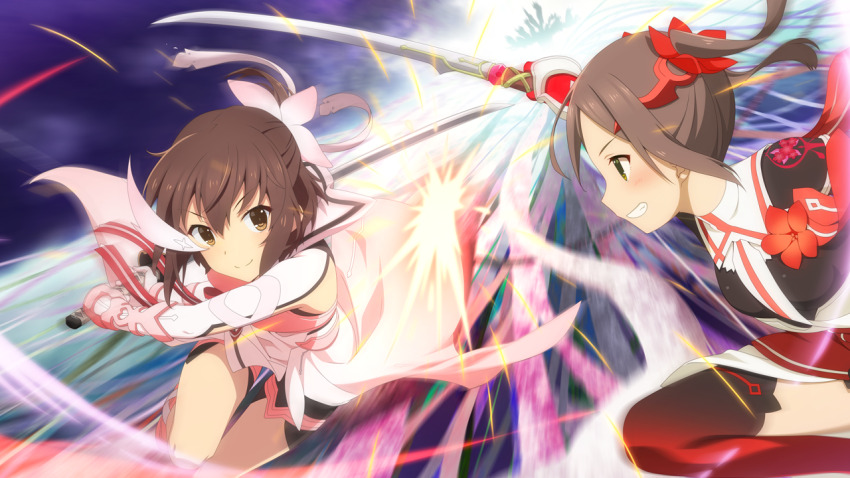 2girls black_dress black_thighhighs blurry blurry_background brown_eyes brown_hair cosplay dress etou_kanami fighting game_cg gauntlets gloves green_eyes half_updo holding holding_sword holding_weapon katana looking_at_another magical_girl miyoshi_karin multiple_girls official_art pink_dress red_gloves short_hair sidelocks slashing smile sword thighhighs toji_no_miko toji_no_miko:_kizamishi_issen_no_tomoshibi twintails weapon yuuki_yuuna yuuki_yuuna_(cosplay) yuuki_yuuna_wa_yuusha_de_aru yuusha_de_aru