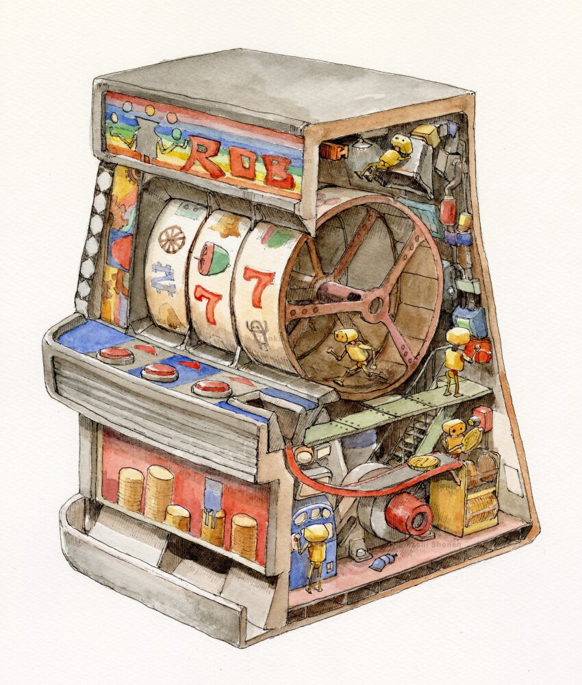 absurdres buttons clothing_cutout coin hamster_wheel highres holding no_humans object_focus original robot side_cutout slice slot_machine still_life tsuboi_hajime white_background