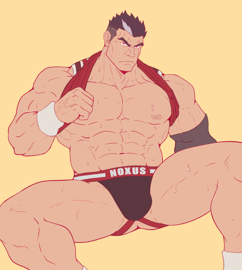 1boy abs absurdres bara biceps black_hair bracelet bulge clothes_lift darius_(league_of_legends) dunkmaster_darius elbow_gloves gloves gluteal_fold highres jewelry jockstrap kagemaru_(kagemaru321) large_pectorals league_of_legends looking_at_viewer male_focus male_underwear manly mature_male multicolored_hair muscular muscular_arms muscular_legs muscular_male nipples official_alternate_costume pectorals red_eyes shirt_lift short_hair solo spiked_hair spread_legs sweat sweatdrop tank_top thick_eyebrows thighs underwear veins white_hair yellow_background