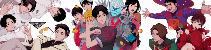 3girls 6+boys adk-em aguilera_(kamen_rider_revice) animal_hood back-to-back ball bandai bandai_namco belt black_hair bow_hairband brother_and_sister brown_hair cellphone clothing_cutout coat commentary_request demon demon_boy evil_grin evil_smile family father_and_daughter father_and_son fenix_uniform from_side george_karizaki glasses gloves green_eyes green_jacket grin hair_slicked_back hairband hand_on_another&#039;s_shoulder happy_spa hat henshin_pose highres hood husband_and_wife igarashi_daiji igarashi_genta igarashi_ikki igarashi_sakura igarashi_yukimi ink_stamp ishimori_prod jacket jewelry julio_(kamen_rider_revice) kadota_hiromi kamen_rider kamen_rider_revice lab_coat long_hair long_image male_focus mask mexican_clothes military military_uniform mother_and_daughter mother_and_son mouth_mask multiple_boys multiple_girls necktie ok_sign olteca_(kamen_rider_revice) open_hand outstretched_arms phone profile purple_eyes purple_jacket red_eyes rex_vistamp ring rubber_duck scientist selfie_stick short_hair shoulder_cutout siblings sleeves_rolled_up smartphone smile sombrero spirit spread_arms stamp_mark sunglasses tinted_eyewear toei_company tokusatsu tv_asahi tyrannosaurus_rex upper_body vice_(kamen_rider_revice) villain_pose vistamp volleyball volleyball_(object) wakabayashi_yujirou weapon white_background white_coat white_gloves white_hair wide_image zo_ochi2