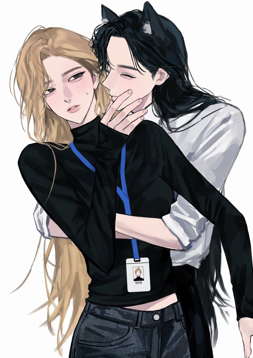 2girls aespa animal_ears black_hair black_shirt blonde_hair blush cat_ears closed_eyes closed_mouth grey_eyes grey_pants hand_on_another&#039;s_face highres hug hug_from_behind id_card karina_(aespa) kemonomimi_mode lanyard lee_q_p long_hair long_sleeves mole mole_under_eye multiple_girls pants parted_lips real_life shirt simple_background sleeves_rolled_up sweatdrop white_background white_shirt winter_(aespa) yuri