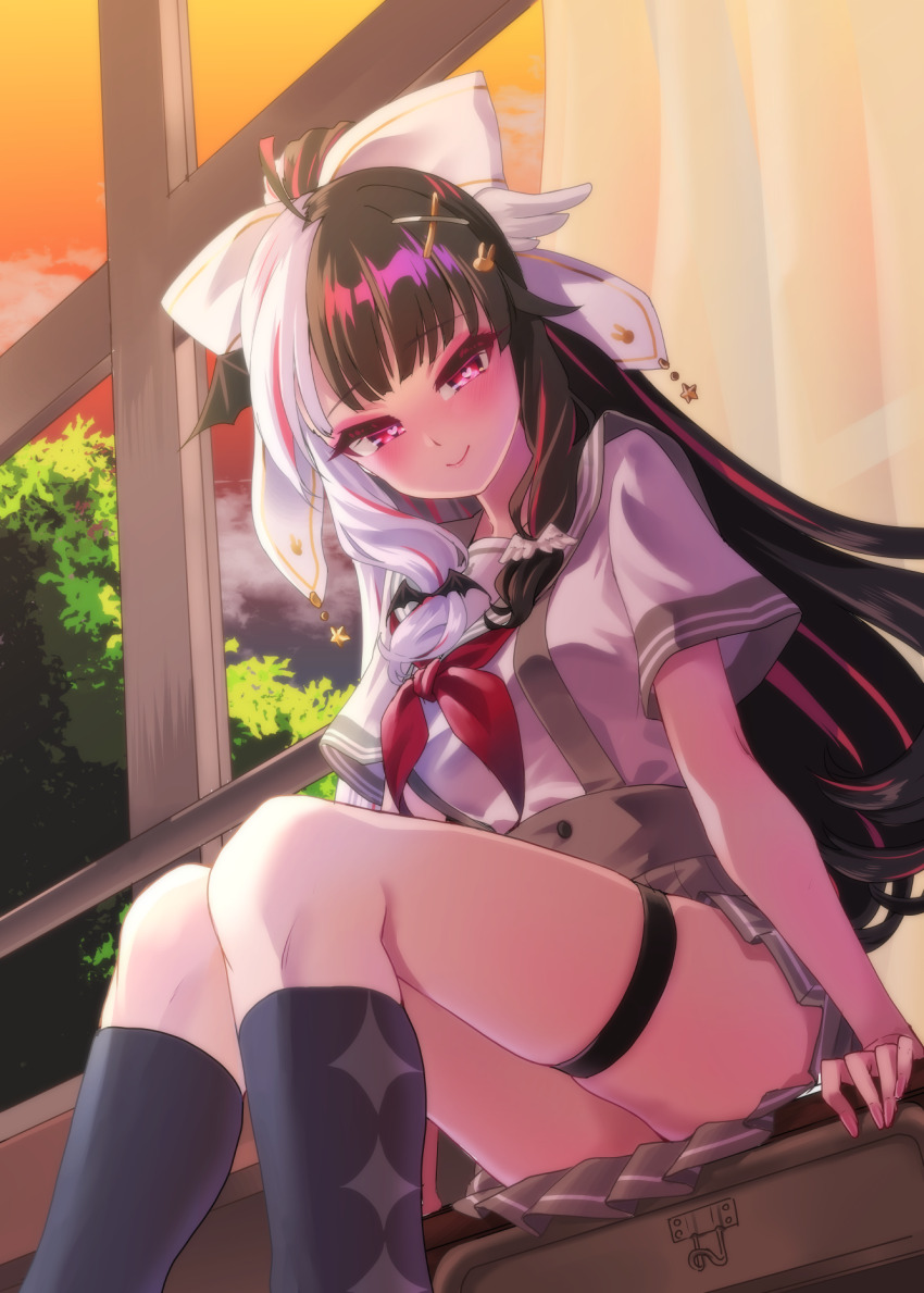 1girl ahoge animal_print black_hair blush bow breasts classroom closed_mouth desk evening eyeshadow fingernails grey_sailor_collar grey_skirt hair_bow hair_ornament hakkaku_shikimi heart heart_in_eye highres large_bow lips long_hair looking_at_viewer makeup medium_breasts multicolored_hair nijisanji official_alternate_costume on_desk orange_sky pink_eyeshadow pink_hair pleated_skirt ponytail rabbit_hair_ornament rabbit_print red_eyes sailor_collar school_uniform serafuku shirt short_sleeves sitting on_desk skindentation skirt sky smile socks solo split-color_hair streaked_hair suspender_skirt suspenders symbol_in_eye thigh_strap tree two-tone_hair upskirt virtual_youtuber white_bow white_hair white_shirt x_hair_ornament yorumi_rena yorumi_rena_(9th_costume)