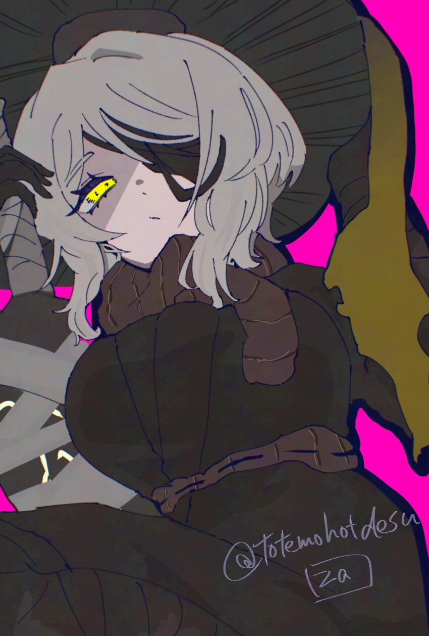 1girl bandage_over_one_eye bandaged_arm bandages black_shirt breasts conical_hat faust_(project_moon) grey_scarf hand_wraps hat heishou_pack-mao_branch_(identity)_(project_moon) highres limbus_company looking_at_viewer one_eye_covered pink_background project_moon rice_hat scarf shirt short_hair simple_background solo standing totemohotdesu upper_body white_hair yellow_eyes