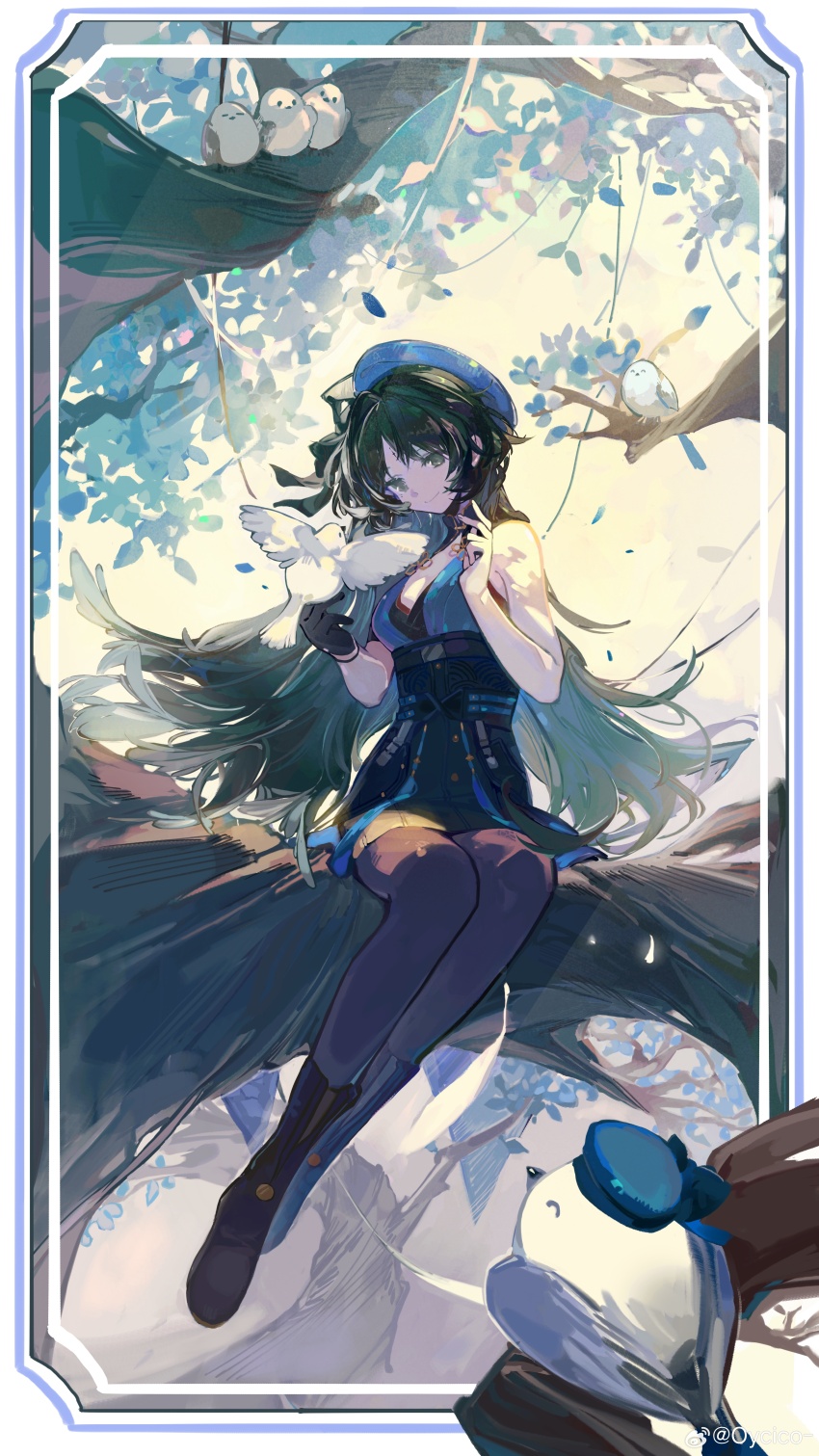 1girl absurdres bare_shoulders beret black_eyes black_gloves black_hair black_pantyhose black_skirt blue_hat breasts chinese_commentary closed_mouth commentary_request copyright_notice full_body gloves hat high-waist_skirt highres in_tree long_hair medium_breasts official_art pantyhose qinghejunzi single_glove sitting skirt smile solo tacet_mark_(wuthering_waves) tree very_long_hair wuthering_waves yangyang_(bird)_(wuthering_waves) yangyang_(wuthering_waves)