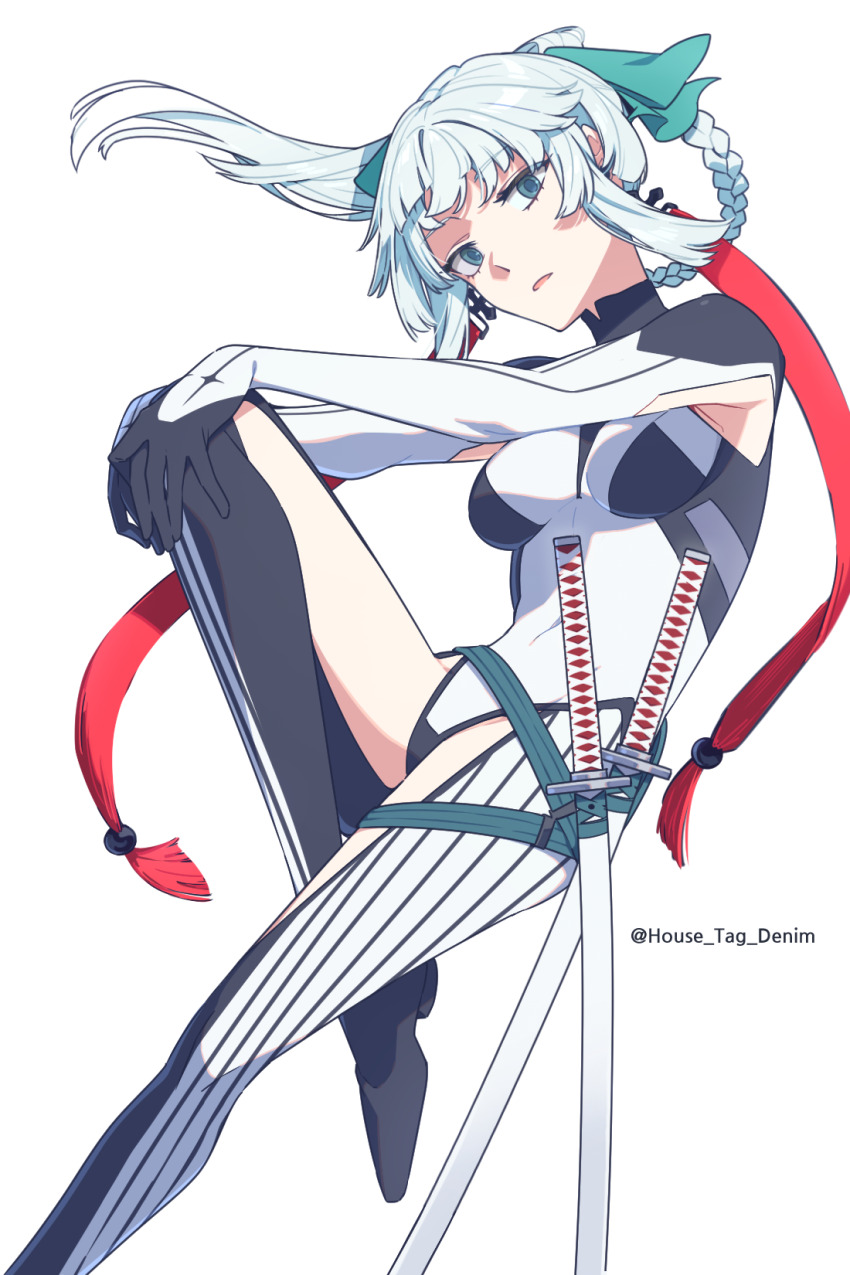 1girl armpit_cutout black_bodysuit bodysuit braid braided_hair_rings breasts clothing_cutout earrings fate/grand_order fate/samurai_remnant fate_(series) green_eyes hair_ribbon hair_rings highres house_tag_denim jewelry katana long_hair looking_at_viewer medium_breasts ponytail ribbon sidelocks solo sword thigh_cutout thighs two-tone_bodysuit weapon white_bodysuit white_hair yui_shousetsu_(fate) yui_shousetsu_(first_ascension)_(fate)