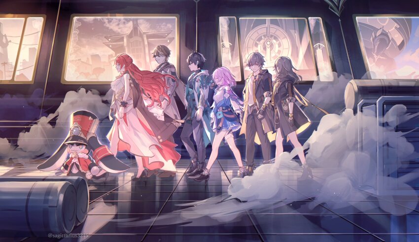 3girls 4boys black_hair caelus_(honkai:_star_rail) commentary_request dan_heng_(honkai:_star_rail) dan_heng_(hunt)_(honkai:_star_rail) from_side grey_hair highres himeko_(honkai:_star_rail) honkai:_star_rail honkai_(series) indoors kukatsuma long_hair march_7th_(honkai:_star_rail) march_7th_(preservation)_(honkai:_star_rail) medium_hair multiple_boys multiple_girls pants pink_hair pom-pom_(honkai:_star_rail) red_hair reflection smoke stelle_(honkai:_star_rail) trailblazer_(honkai:_star_rail) twitter_username walking watermark welt_yang window