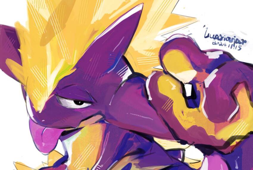 artist_name black_eyes bright_pupils colored_skin dated gen_8_pokemon looking_at_viewer luarioujar nintendo no_humans pokemon pokemon_(creature) pokemon_focus purple_skin simple_background solo tongue tongue_out toxtricity toxtricity_(amped) upper_body white_background white_pupils yellow_skin