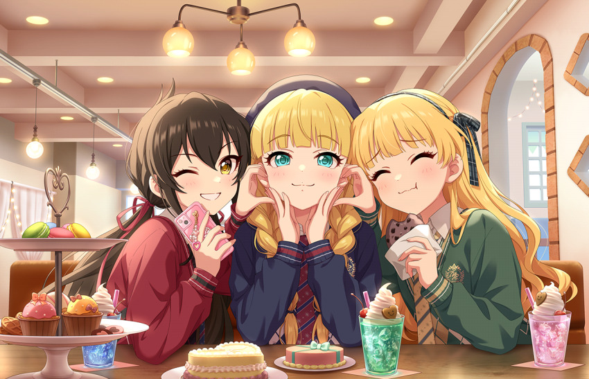 3girls black_hair blonde_hair blue_eyes braid cake ceiling ceiling_light chandelier cherry closed_eyes cup cupcake drinking_glass drinking_straw emblem food fruit game_cg grin hairband half-heart_hands hat heart holding holding_phone ice ice_cube idolmaster idolmaster_cinderella_girls idolmaster_cinderella_girls_starlight_stage indoors jougasaki_rika mary_cochran matoba_risa multiple_girls necktie official_art one_eye_closed phone plate smile table whipped_cream window yellow_eyes