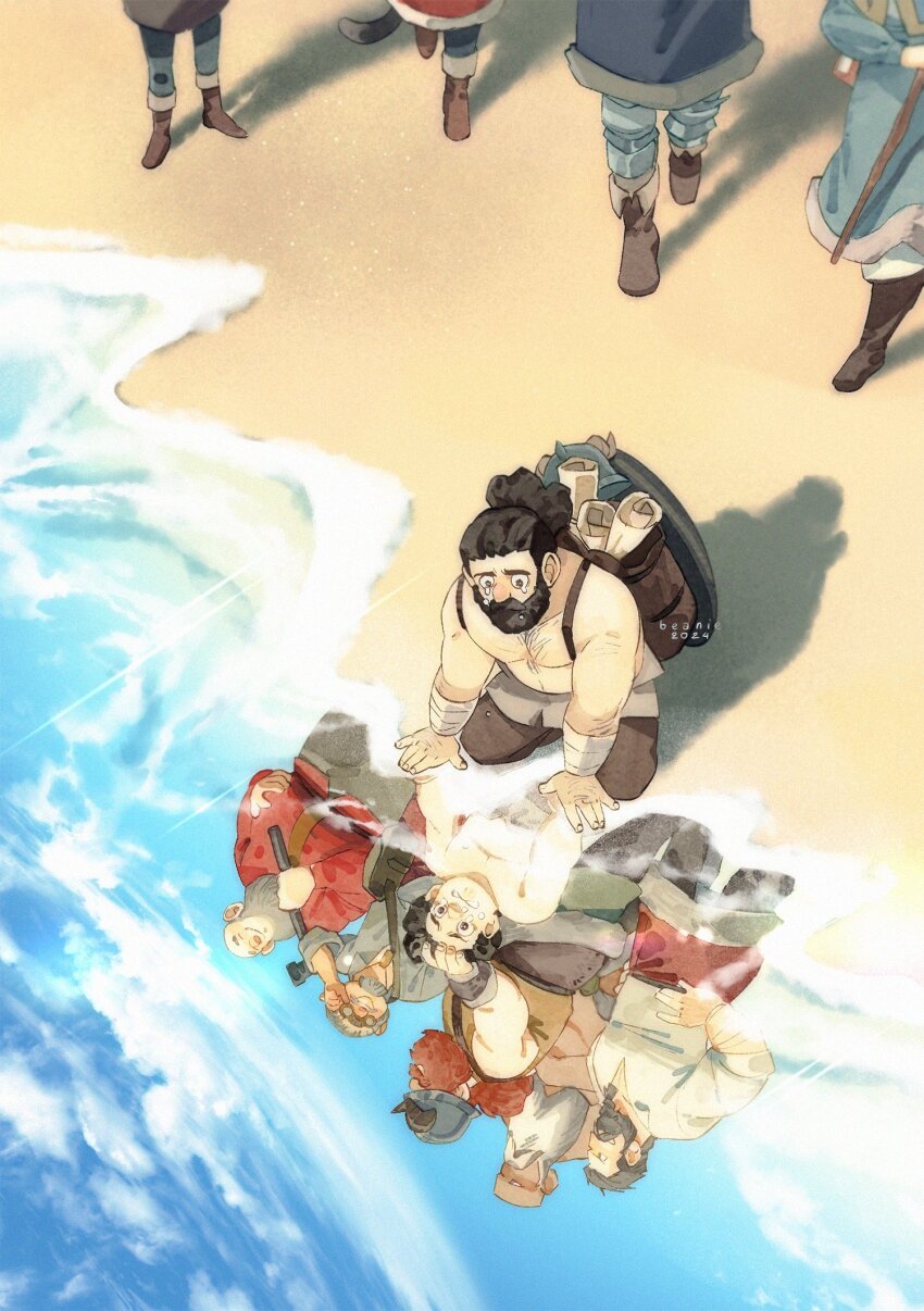 2girls 6+boys age_comparison aged_down arm_wrap armor artist_name backpack bag bald beach beaniewinnie96 beard black_hair blue_robe blue_sky boots braid braided_beard brigan_of_izganda brown_pants cat_tail chest_hair chilchuck_tims child commentary covered_mouth crying dated day different_reflection dungeon_meshi dwarf english_commentary facial_hair fake_horns from_above gillin_of_izganda goggles grey_hair grey_shirt hair_pulled_back hammer hand_on_another&#039;s_head hands_on_own_hips headpat helmet highres holding holding_hammer horned_helmet horns invar_of_izganda izutsumi laios_touden long_beard long_sleeves looking_at_another looking_down marcille_donato multiple_boys multiple_girls mustache nature null_milchain ocean official_alternate_hairstyle on_ground out_of_frame outdoors pants plate_armor ponytail red_hair red_shirt reflection robe scroll senshi_(dungeon_meshi) shirt shore short_hair sky sleeveless solo_focus staff standing sunlight tail topless_male totan_of_dozahk unworn_headwear unworn_helmet walking white_pants wok