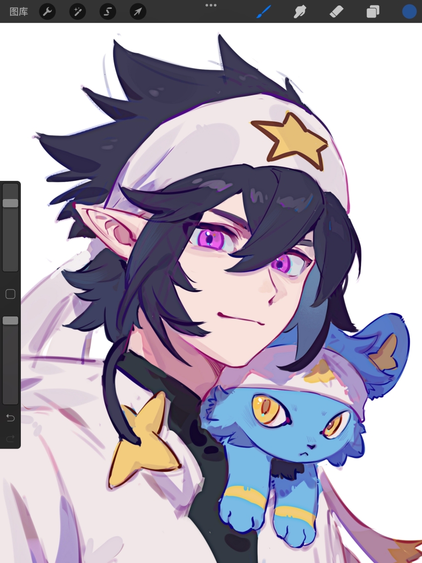 1boy aotu_world art_tools_in_frame bandana black_hair black_shirt chinese_commentary closed_mouth crossover gen_4_pokemon hair_between_eyes headband highres hood hood_down hooded_jacket jacket looking_at_viewer male_focus nintendo on_shoulder pointy_ears pokemon pokemon_(creature) pokemon_on_shoulder purple_eyes ray_(aotu_world) shenyinzhilang shinx shirt short_hair simple_background smile solo star_(symbol) star_print turtleneck upper_body white_background white_headband white_jacket yellow_eyes