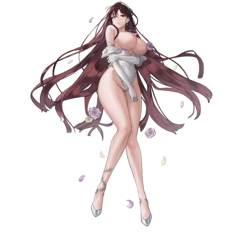 1girl areola_slip armpit_crease asymmetrical_legwear bare_legs bare_shoulders blue_eyes blush breasts breasts_out brown_eyes cameltoe convenient_censoring covered_navel defeat dress earrings elbow_gloves flower flower_censor frilled_leotard frills full_body game_cg gem gloves hair_between_eyes heterochromia high_heels highleg highleg_leotard highres holding_own_arm jewelry knees_together_feet_apart large_breasts last_origin leaf_print leotard lips long_hair looking_at_viewer lying mel_(dodosae) necklace official_alternate_costume official_art on_back parted_lips partially_visible_vulva petal_censor petals purple_flower purple_rose red_hair rose rose_petals sideboob simple_background solo strapless strapless_leotard tachi-e third-party_source tiara transparent_background underboob valkyrie_(last_origin) very_long_hair wedding_dress white_flower white_footwear white_gemstone white_gloves white_leotard white_rose