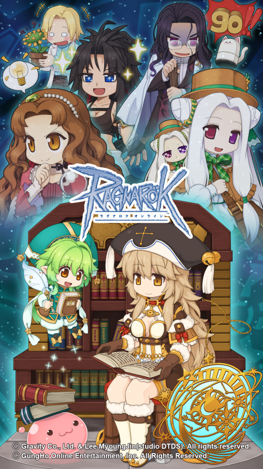 +_+ 2boys 5girls :3 agnes_lugenburg arch_mage_(ragnarok_online) bell black_hair black_hat black_sports_bra blonde_hair blue_eyes book boots bow bowtie breasts brown_capelet brown_dress brown_eyes brown_gloves brown_hair brown_hat cane capelet closed_mouth coat cone_hair_bun copyright_notice dress eisen_werner elena_bolkova eye_brooch fairy fur-trimmed_boots fur-trimmed_capelet fur_trim geographer_(ragnarok_online) gloves gold_trim green_bow green_bowtie green_hair green_skirt hair_bun hat hat_bell heterochromia high_ponytail highres holding holding_book holding_cane holding_quill jingle_bell lab_coat large_breasts library logo long_hair long_sleeves looking_afar looking_at_another looking_at_viewer medium_breasts multiple_boys multiple_girls noah_hat_(ragnarok_online) official_art official_wallpaper open_clothes open_coat open_mouth orange_eyes pearl_hairband plaid_bow plaid_bowtie plaid_clothes plaid_skirt plant pointy_ears ponytail pope_(ragnarok_online) poring potted_plant purple_eyes quill ragnarok_online red_eyes shaded_face shirt short_hair sitting skirt slime_(creature) smile sports_bra table_of_contents_fairy_ink v-shaped_eyebrows very_long_hair wavy_hair white_coat white_dress white_footwear white_hair white_shirt wolfchev yuichirou