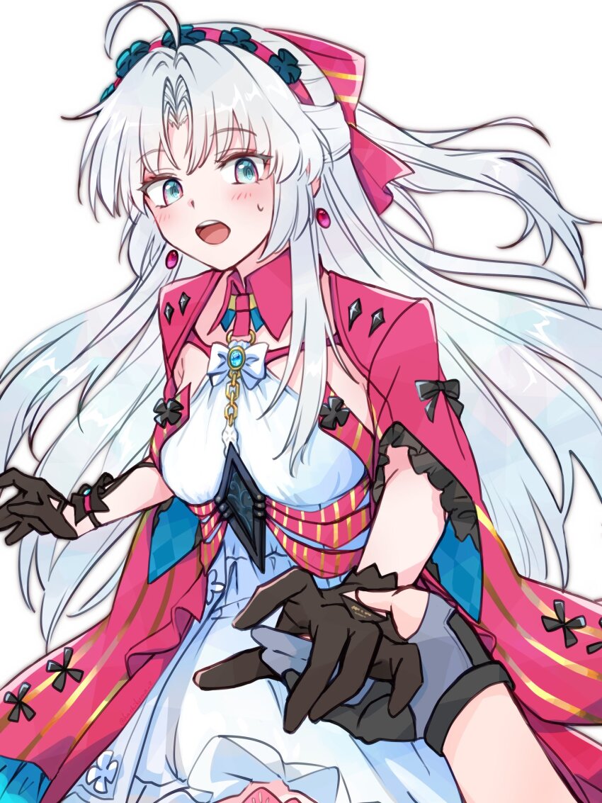 2girls ahoge aqua_eyes black_gloves blush bow breasts carlotta_(wuthering_waves) commentary_request dress earrings female_pov female_rover_(wuthering_waves) gloves grey_hair hachikuma_z hair_bow hairband highres jacket jewelry long_hair looking_at_viewer medium_breasts multiple_girls open_mouth parted_bangs pink_bow pink_hairband pink_jacket pov rover_(wuthering_waves) sidelocks simple_background striped_bow taking_another&#039;s_hand white_background white_dress wuthering_waves