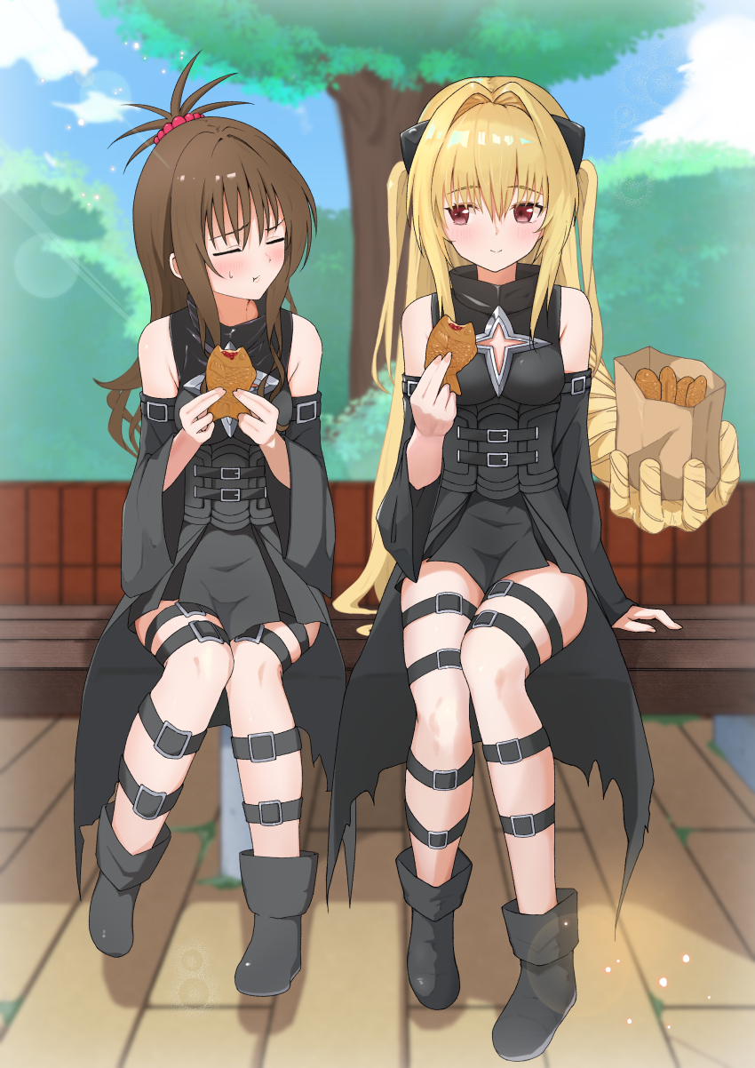 2girls :t absurdres bare_shoulders bench black_boots black_sleeves blonde_hair blue_sky boots breasts brown_eyes brown_hair closed_eyes clothing_cutout commentary_request cosplay detached_sleeves eating facing_viewer food hair_intakes hair_ornament hand_fan highres holding holding_food ivu_(eve0315y) konjiki_no_yami konjiki_no_yami_(cosplay) leg_belt long_hair looking_at_another multiple_girls on_bench outdoors paper_fan prehensile_hair sideways_glance sitting sky small_breasts smile star_cutout sweatdrop taiyaki thigh_strap to_love-ru to_love-ru_darkness topknot tree two_side_up wagashi wooden_bench yuuki_mikan