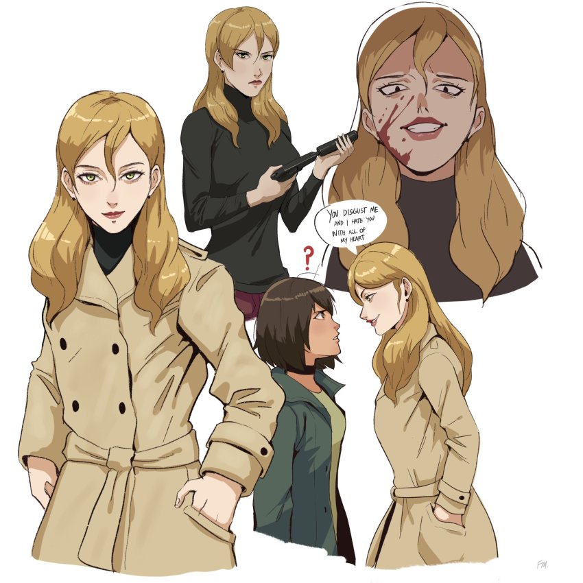 2girls ? black_choker blonde_hair blood blood_on_face breasts brown_hair choker crazy_eyes crazy_grin crazy_smile earrings english_text francisco_mon green_eyes green_jacket gun handgun hands_in_pockets highres jacket jewelry lipstick long_hair makeup medium_breasts medium_hair multiple_girls original pink_lips signature smile speech_bubble suppressor turtleneck weapon