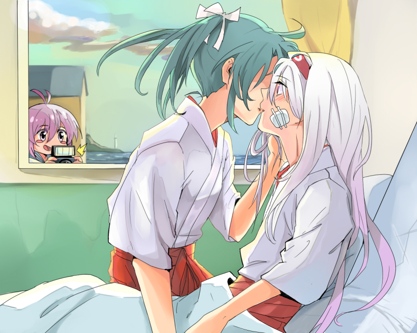 10s 3girls aoba_(kancolle) bad_id bad_pixiv_id bandages bed blush brown_eyes camera cloud curtains day female_pervert grey_hair hair_ornament hair_ribbon hairband imminent_kiss japanese_clothes kantai_collection knightym22 lighthouse long_hair multiple_girls muneate open_mouth personification pervert pink_hair ponytail ribbon school_uniform serafuku shipyard short_hair shoukaku_(kancolle) skirt smile twintails window yuri zuikaku_(kancolle)