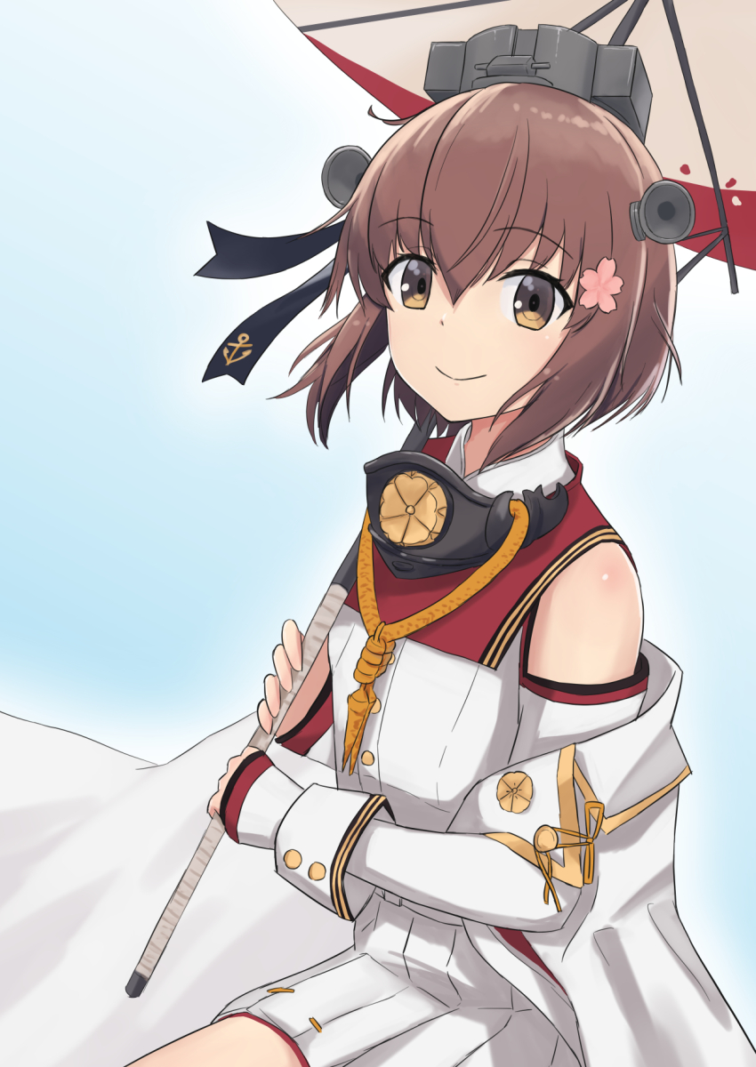 1girl brown_eyes brown_hair coat collar cosplay cowboy_shot detached_sleeves flower hair_flower hair_ornament headgear highres kantai_collection long_coat metal_collar multicolored_umbrella oil-paper_umbrella pleated_skirt sakuramon shirt short_hair sitting skirt sleeveless sleeveless_coat solo umbrella white_shirt white_skirt white_umbrella yamato_(kancolle) yamato_(kancolle)_(cosplay) yamato_kai_ni_(kancolle) yamato_kai_ni_(kancolle)_(cosplay) yuki_4040 yukikaze_(kancolle) yukikaze_kai_ni_(kancolle)