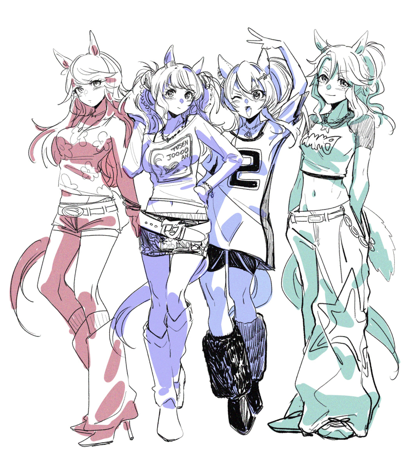 4girls ;d alternate_costume baggy_pants belt camisole daitaku_helios_(umamusume) ear_covers full_body gold_city_(umamusume) hair_between_eyes high_heels highres horse_girl jewelry limited_palette looking_at_viewer mejiro_palmer_(umamusume) midriff multiple_girls multiple_monochrome navel necklace ohayonabeno one_eye_closed open_mouth pants ponytail shirt shorts side_ponytail smile swept_bangs tosen_jordan_(umamusume) umamusume