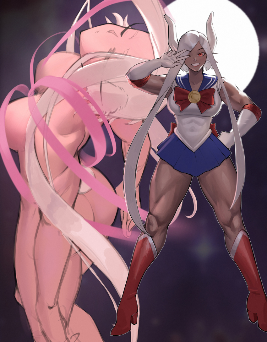 1girl ;d absurdres animal_ears ass bishoujo_senshi_sailor_moon blue_sailor_collar blue_skirt boku_no_hero_academia boots bow breasts choker closed_eyes commentary cosplay covered_abs covered_navel crescent_ornament crossover dark-skinned_female dark_skin elbow_gloves english_commentary female_focus full_body gloves hand_on_own_hip henshin high_heel_boots high_heels highres knee_boots large_breasts long_eyelashes long_hair looking_at_viewer mirko moon multiple_views one_eye_closed open_mouth parted_bangs parted_lips rabbit_ears rabbit_girl rabbit_tail red_boots red_bow red_eyes sailor_collar sailor_moon sailor_moon_(cosplay) sailor_senshi_uniform shirt short_hair_with_long_locks skirt sleeveless sleeveless_shirt smile tail thick_thighs thighs toned toned_female trait_connection transforming_clothes tsukino_usagi v v_over_eye very_long_hair white_gloves white_hair white_shirt zukululuu