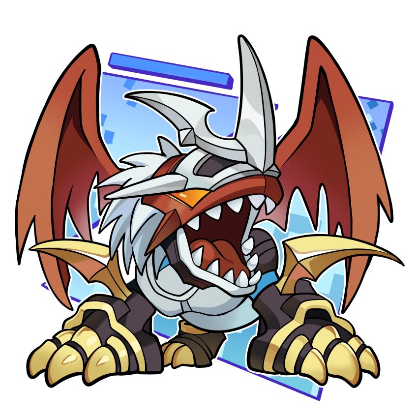 absurdres armor chibi chibi_only claws commentary currynoodle_art digimon digimon_(creature) digimon_adventure_02 dragon english_commentary fake_horns full_body helmet highres horned_helmet horns imperialdramon imperialdramon_dragon_mode no_humans open_mouth red_helmet red_wings sharp_teeth solo spiked_hair teeth tongue white_background white_hair wings