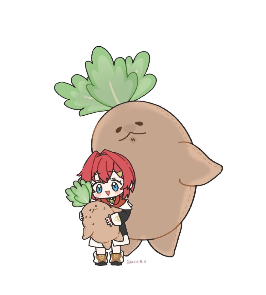 1girl :&lt; akin0_3 ange_katrina ange_katrina_(1st_costume) angry ankle_boots black_coat blue_eyes blush_stickers boots character_doll clueless coat doll hair_intakes highres holding holding_stuffed_toy mandragora mandragora_(ange_katrina) medium_hair nervous_sweating nijisanji off_shoulder open_mouth red_hair sentient_stuffed_toy simple_background smile solid_oval_eyes standing stuffed_toy sweat triangle_mouth twitter_username virtual_youtuber white_background