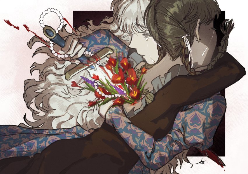 2girls absurdres alternate_body_fluid backstab bead_necklace beads black_dress blood braid brown_hair closed_eyes commentary_request cowboy_shot crying crying_with_eyes_open dark-skinned_female dark_skin dress floating_hair flower frilled_dress frills hair_over_one_eye heart highres holding holding_sword holding_weapon hug jewelry juliet_sleeves korean_commentary long_hair long_sleeves looking_away looking_down mole mole_under_eye multiple_girls murder necklace original print_dress puffy_sleeves red_flower stab streaming_tears suicide sword tears toktin_zq twin_braids twintails weapon white_hair