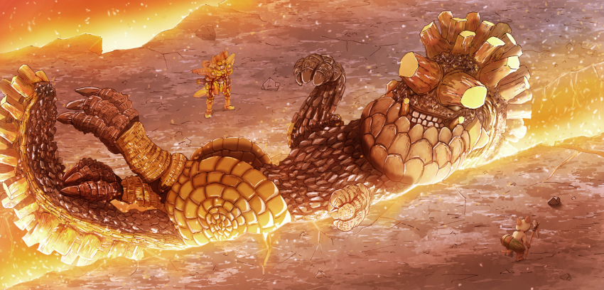 1boy armor claws crack cracked_floor earasensha embers felyne frown full_armor glowing_cracks helmet holding holding_staff male_focus monster_hunter_(series) rock scales shoulder_armor staff teeth uragaan