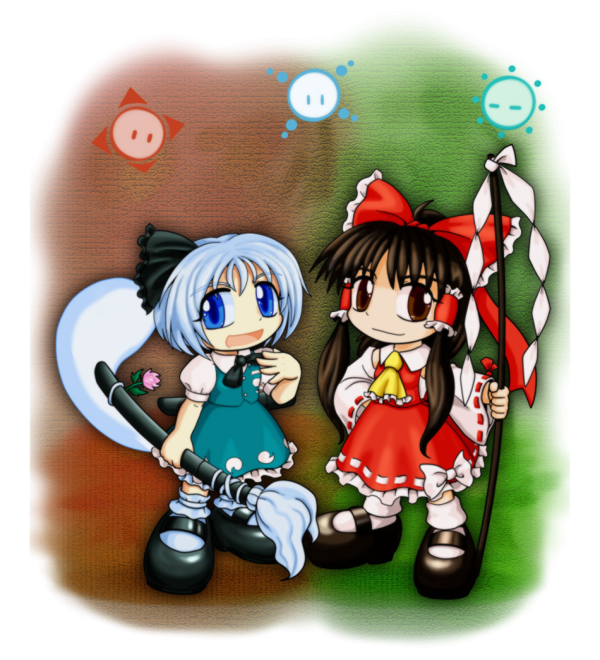 2girls ascot black_bow black_bowtie black_shoes blue_eyes bow bowtie chibi detached_sleeves divine_spirit_(touhou) frilled_bow frilled_hair_tubes frills gohei green_vest grey_hair hair_bow hair_tubes hakurei_reimu highres hitodama hitodama_print katana konpaku_youmu konpaku_youmu_(ghost) looking_at_viewer mail_(mail_gell) multiple_girls nontraditional_miko red_bow red_skirt ribbon-trimmed_sleeves ribbon_trim scabbard sheath shoes short_hair skirt skirt_set smile sword ten_desires touhou two-tone_background vest weapon yellow_ascot