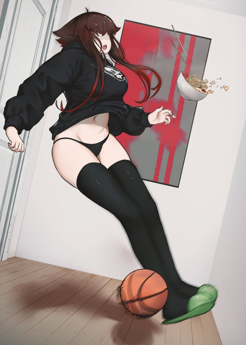 1girl ball basketball basketball_(object) black_hoodie black_panties black_thighhighs bowl breasts brown_hair chopsticks clothes_lift falling food full_body gradient_hair hair_over_eyes hallway highres hood hoodie hoodie_lift indoors large_breasts liz_(nin_fake) long_hair long_sleeves multicolored_hair navel nin_fake no_pants noodles open_mouth original panties ramen red_hair skindentation slippers slipping solo thighhighs underwear wooden_floor