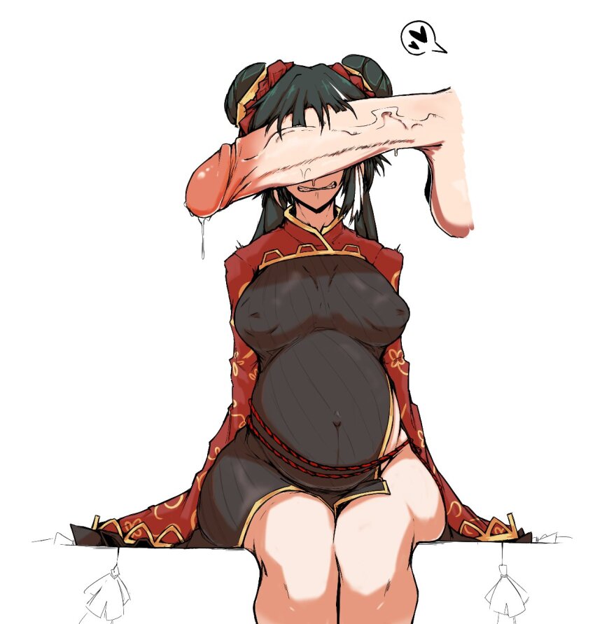 1boy 1girl black_dress black_hair breasts chinese_clothes clenched_teeth commentary covered_erect_nipples covered_eyes double_bun dress english_commentary erection hair_bun heart hetero highres jia_xichun_(project_moon) large_breasts large_penis limbus_company long_hair long_sleeves multicolored_hair open_mouth penis penis_on_face penis_over_eyes precum pregnant project_moon ranchsaucy red_shrug red_sleeves rope_belt side_slit simple_background sitting spoken_heart streaked_hair tassel teeth testicles twintails uncensored veins veiny_penis white_background white_streaks