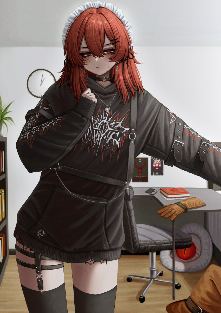 1girl absurdres bags_under_eyes black_choker black_hoodie black_thighhighs book cellphone chair choker clock closed_mouth commission cross cross_earrings desk earrings gloves hat highres hood hoodie indoors jewelry lobsteranian long_hair looking_at_viewer maid_headdress o-ring o-ring_choker office_chair original phone poster_(object) print_hoodie red_eyes red_hair sleep_token_(band) smartphone solo swivel_chair thighhighs wall_clock wizard_hat