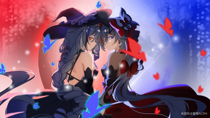 2girls :| absurdres aicheng_acifh alternate_costume artist_name back backless_dress backless_outfit bare_shoulders black_dress black_hat black_ribbon black_sleeves blue_butterfly blue_eyes bow braid breasts bug butterfly butterfly_hat_ornament closed_mouth color_contrast detached_sleeves dress dual_persona expressionless from_behind fu_hua herrscher_of_sentience grey_hair hair_between_eyes hat hat_bow hat_ornament highres honkai_(series) honkai_impact_3rd insect long_hair looking_at_viewer looking_back medium_breasts miyoushe_watermark multicolored_background multiple_girls polar_opposites profile purple_hat red_bow red_butterfly red_eyes ribbon very_long_hair watermark witch_hat