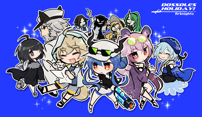 1other 3boys 6+girls :o animal_ears arknights baseball_cap beard beret black_choker black_hair black_mask black_shirt blonde_hair blue_background blue_eyes blue_hair blue_headwear blue_jacket blue_shirt candela_sanchez_(arknights) cat_ears cat_girl ch&#039;en_(arknights) ch&#039;en_the_holungday_(arknights) chibi choker closed_eyes coat commentary copyright_name d.d.d._(arknights) dog_boy dog_ears dragon_girl dragon_horns drop_shadow english_commentary english_text eyewear_on_head facial_hair full_body fur-trimmed_jacket fur_trim gradient_hair green-tinted_eyewear green_hair grey_hair grey_shorts hair_bun hair_over_one_eye hat holding holding_paper hood hood_up hooded_jacket horns hoshiguma_(arknights) jacket jellyfish la_pluma_(arknights) light_blue_hair lin_(arknights) looking_to_the_side mask mizuki_(arknights) mouse_ears multicolored_hair multiple_boys multiple_girls off_shoulder oonohara_kenya outline pancho_salas_(arknights) paper parted_bangs pointing pointing_up ponytail purple_hair red_eyes sandals shirt short_hair shorts sidelocks simple_background single_horn smile sparkle star_(symbol) sun_hat sunglasses swimsuit_cover-up swire_(arknights) tequila_(arknights) tinted_eyewear upper_body white_coat white_headwear white_jacket