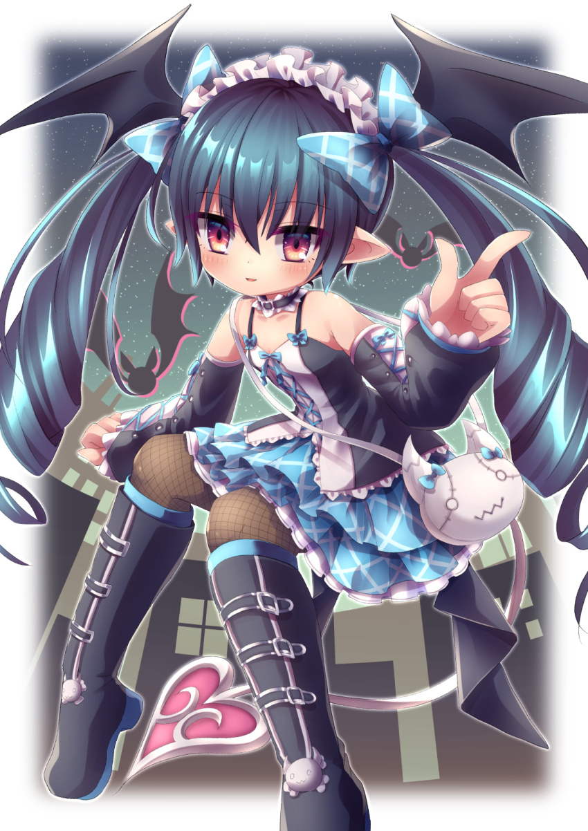 1girl bag bare_shoulders black_hair black_wings blue_ribbon blue_skirt boots choker demon_tail dress emil_chronicle_online frilled_choker frilled_dress frilled_hairband frilled_sleeves frills hair_ribbon hair_wings hairband heart heart_tail highres mephistopheles_lore pantyhose pointing pointy_ears red_eyes ribbon skirt tail thigh_boots twintails wings yupi828