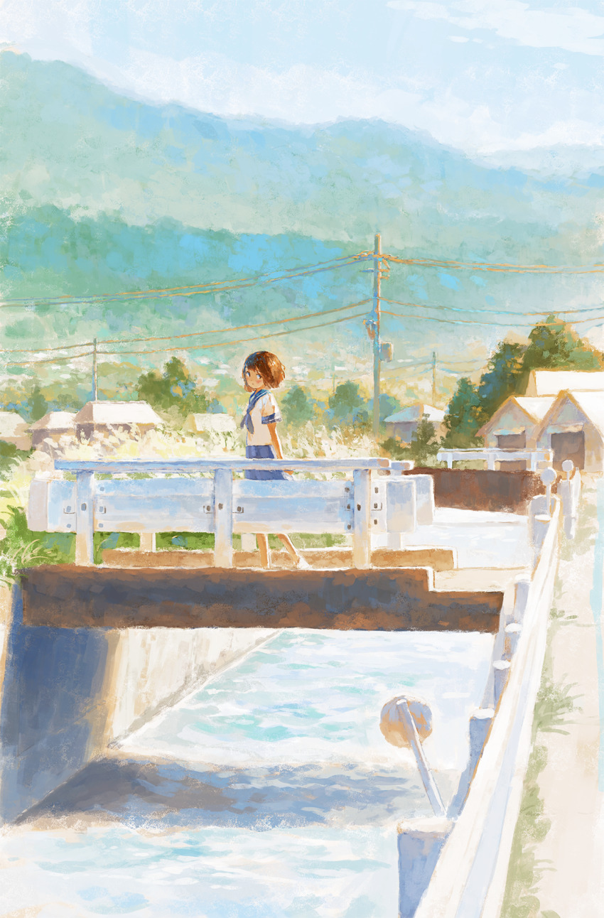 1girl blue_bow blue_bowtie blue_sailor_collar blue_skirt bow bowtie bridge brown_hair day fjsmu highres looking_at_viewer looking_to_the_side original outdoors pastel_(medium) pleated_skirt power_lines river sailor_collar sailor_shirt scenery school_uniform serafuku shirt short_hair skirt solo susuki_grass town townscape traditional_media utility_pole walking white_shirt