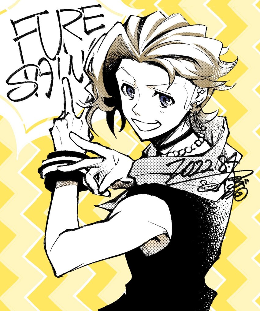 1boy black_vest blue_eyes brown_hair character_name choker ear_piercing earrings furesawa_tosai grey_scarf highres jewelry male_focus necklace open_mouth pearl_necklace piercing scarf shin_subarashiki_kono_sekai sideburns smile solo solo_focus subarashiki_kono_sekai tsubuan_(itobell) undercut upper_body vest wristband