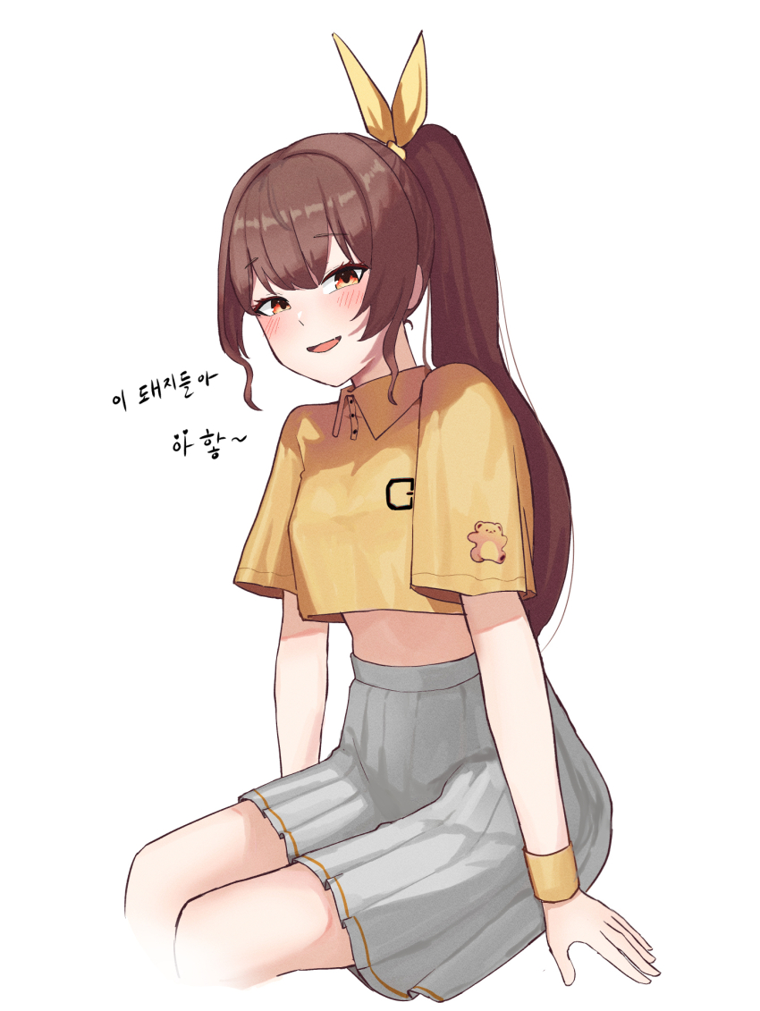 1girl a5235 brown_hair cropped_shirt highres looking_at_viewer open_mouth ponytail shirt simple_background smile solo victory_(waktaverse) virtual_youtuber waktaverse yellow_eyes