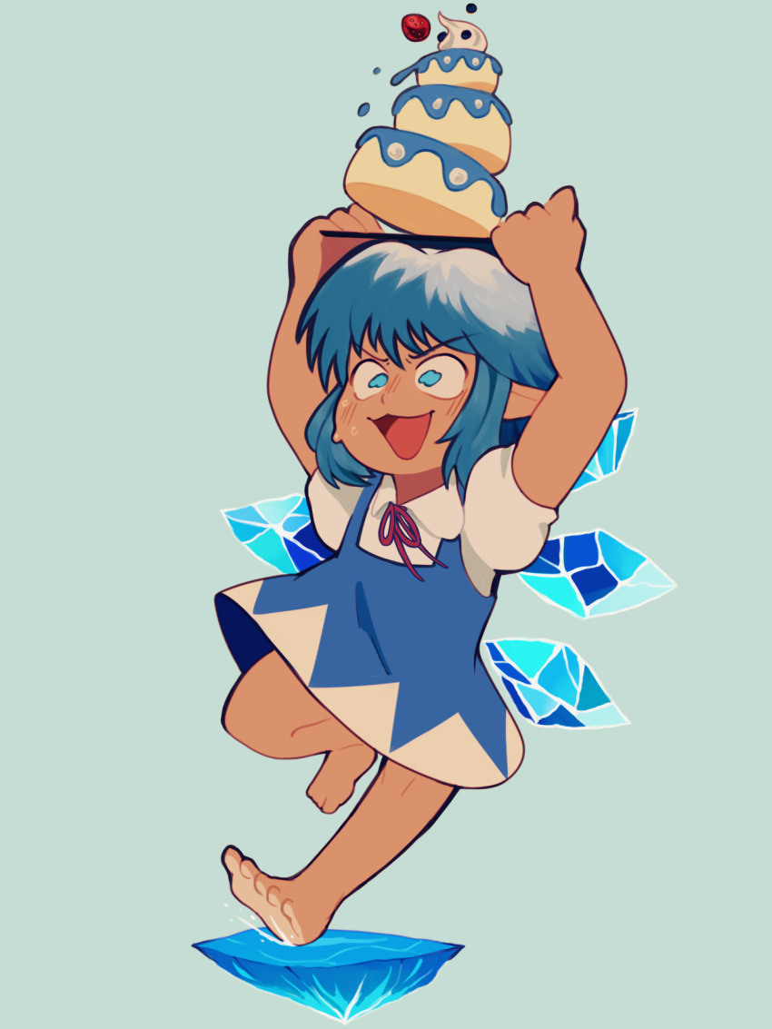 1girl barefoot blue_dress blue_eyes blue_hair cake cirno clem_(calmeremerald) collared_shirt commentary dark-skinned_female dark_skin detached_wings dress english_commentary food fruit full_body highres holding holding_plate ice ice_wings neck_ribbon open_mouth pinafore_dress plate pointy_ears puffy_short_sleeves puffy_sleeves red_ribbon ribbon shirt short_hair short_sleeves sleeveless sleeveless_dress solo strawberry sweatdrop touhou v-shaped_eyebrows whipped_cream white_shirt wings
