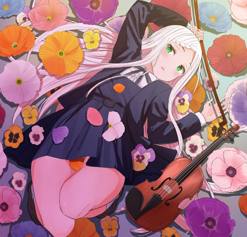 1girl absurdres arms_up black_ribbon black_skirt bow_(music) braid dress flower green_eyes highres instrument knee_up long_hair long_sleeves lying on_back original pansy pinafore_dress purple_flower purple_pansy ribbon school_uniform skirt sleeveless sleeveless_dress socks thighs urushiushiru violin white_hair white_socks