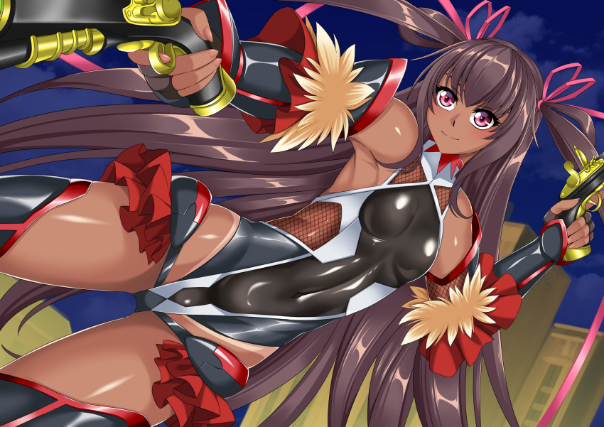 1girl armpits bare_shoulders black_gloves black_leotard black_thighhighs breasts brown_hair closed_mouth commentary_request covered_navel cowboy_shot dark-skinned_female dark_skin dual_wielding dutch_angle fishnet_leotard fishnets frilled_leotard frills gauntlets gloves gun hair_between_eyes hair_ribbon hand_up highres holding holding_gun holding_weapon impossible_clothes impossible_leotard leotard long_hair mizuki_yukikaze night one-piece_tan outdoors pink_eyes pink_ribbon ribbon showgirl_skirt sidelocks skindentation small_breasts smile solo standing taimanin_(series) taimanin_suit taimanin_yukikaze tan tanline thighhighs very_long_hair wavelevel5 weapon