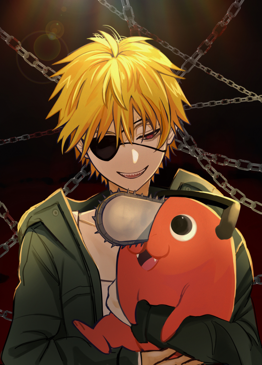 1boy absurdres blonde_hair chain chainsaw chainsaw_man commentary_request denji_(chainsaw_man) eye_contact eyepatch fangs green_jacket highres holding hood hood_down hooded_jacket jacket layered_sleeves long_sleeves looking_at_another male_focus one_eye_covered open_clothes open_jacket open_mouth pochita_(chainsaw_man) red_eyes sakuma_kou sharp_teeth shirt short_hair smile teeth tongue upper_body white_shirt