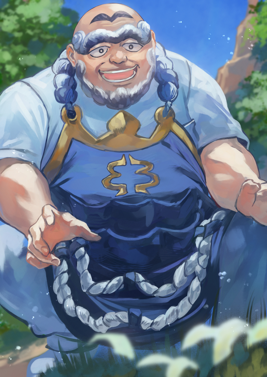 1boy :d apron bald beard black_eyes blue_apron blurry bright_pupils commentary_request day depth_of_field facial_hair from_below grass highres kofu_(pokemon) male_focus nintendo open_mouth otsudou outdoors pants pokemon pokemon_sv shirt shoes short_sleeves sky smile solo spread_legs squatting t-shirt teeth tongue white_pupils white_shirt