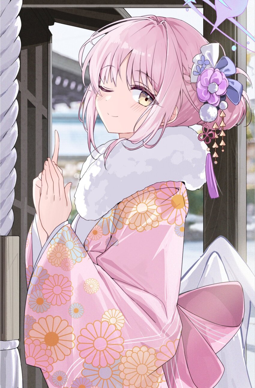 1girl alternate_costume alternate_hairstyle b_soyo1 blue_archive blue_flower blue_ribbon blush bow dress_bow floral_print flower fur_trim hair_between_eyes hair_bun hair_ornament hair_scrunchie highres japanese_clothes kimono looking_at_viewer mika_(blue_archive) one_eye_closed own_hands_together pink_bow pink_kimono pointing pointing_up purple_flower ribbon scrunchie sidelocks smile white_scrunchie wings yellow_eyes