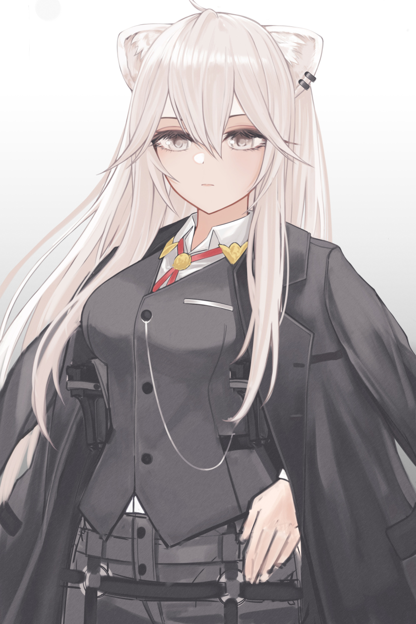 1girl absurdres ahoge alternate_costume animal_ear_piercing animal_ears black_jacket black_pants closed_mouth collared_shirt commentary_request grey_eyes grey_hair highres hololive jacket lion_ears lion_girl looking_at_viewer pants ruo1001 shirt shishiro_botan sidelocks solo virtual_youtuber white_background white_shirt
