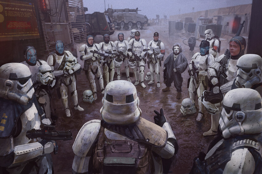 6+boys alien black_cloak black_headwear cloak commentary droid edouard_groult energy_gun english_commentary finger_gun galactic_empire_(star_wars) gonk_droid gun helmet holding holding_gun holding_helmet holding_weapon hood hood_up male_focus military_vehicle motor_vehicle multiple_boys pointy_ears star_wars stormtrooper tank unworn_headwear unworn_helmet weapon