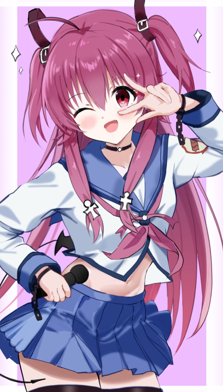 1girl ;d ahoge angel_beats! black_choker blue_sailor_collar blue_skirt blush border choker cowboy_shot demon_tail fake_tail fang hair_between_eyes hand_on_own_hip hand_up happy highres holding holding_microphone long_hair long_sleeves looking_at_viewer microphone midriff miniskirt navel neckerchief one_eye_closed open_mouth outside_border pink_background pink_hair pink_neckerchief pleated_skirt red_eyes sailor_collar shinda_sekai_sensen_uniform shirt sidelocks simple_background skirt smile solo sparkle straight_hair tail tareme two_side_up v v_over_eye very_long_hair white_border white_shirt yui_(angel_beats!) zenoo