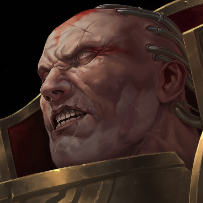 absurdres adrian4rt angron angry armor bald black_background cable constricted_pupils gold_armor highres imperium_of_man male_focus power_armor primarch red_armor scar signature simple_background teeth veins warhammer_40k white_eyes world_eaters