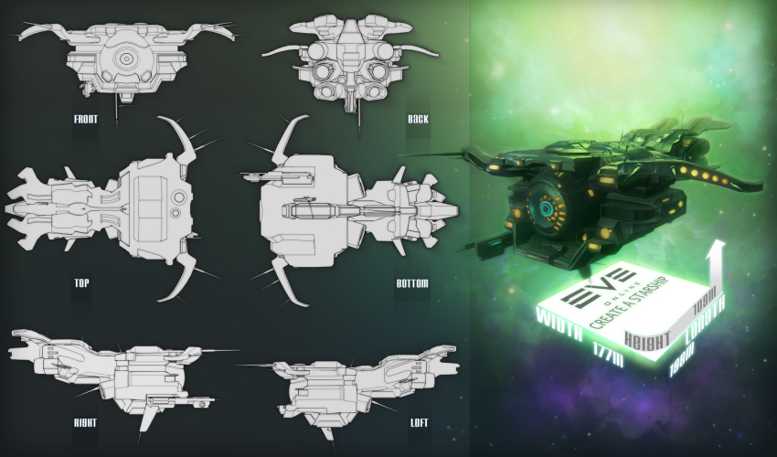 3d commentary concept_art copyright_name destroyer_(eve_online) eve_online gallente_federation_(eve_online) glowing green_theme highres larkbeef logo military military_vehicle multiple_views nebula no_humans original sky space spacecraft star_(sky) starry_sky thrusters vehicle_focus zbrush_(medium)